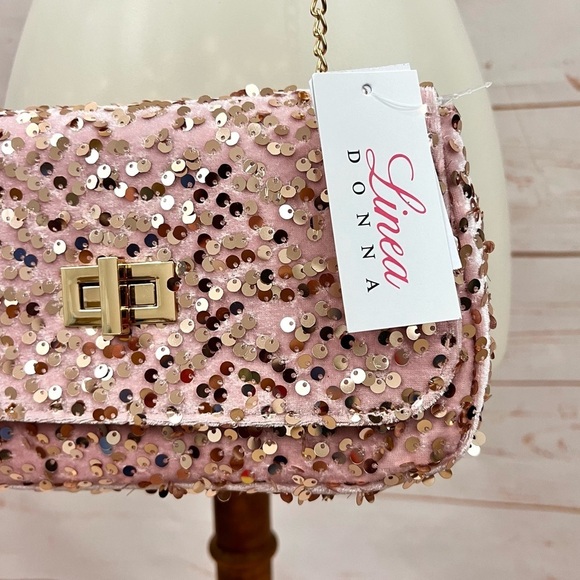 NWT Linea Donna Iridescent Pink Sequin Velour Convertible Crossbody Clutch Bag - Picture 4 of 9